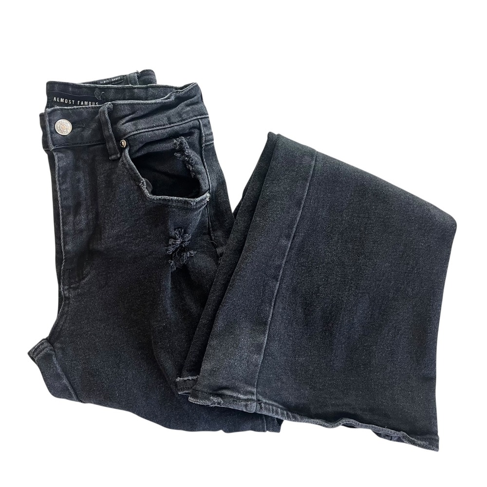 Almost Famous Women's 3 Black Faded Wash Distressed Flare Bell Bottom Jeans Boho
